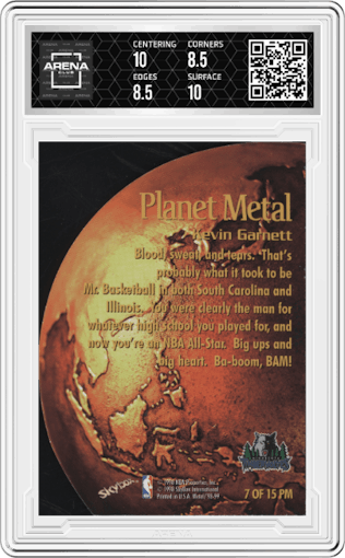 Kevin Garnett from the 1998-99 Skybox Metal Universe set graded by Arena Club and given an overall grade of 9.