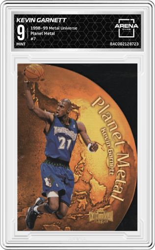 Kevin Garnett from the 1998-99 Skybox Metal Universe set graded by Arena Club and given an overall grade of 9.