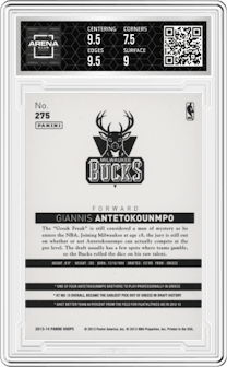 Giannis Antetokounmpo from the 2013-14 Panini NBA Hoops set featuring a Gold parallel graded by Arena Club and given an overall grade of 8.