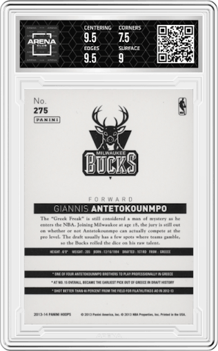 Giannis Antetokounmpo from the 2013-14 Panini NBA Hoops set featuring a Gold parallel graded by Arena Club and given an overall grade of 8.