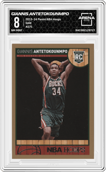 Giannis Antetokounmpo from the 2013-14 Panini NBA Hoops set featuring a Gold parallel graded by Arena Club and given an overall grade of 8.