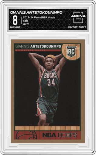 Giannis Antetokounmpo from the 2013-14 Panini NBA Hoops set featuring a Gold parallel graded by Arena Club and given an overall grade of 8.