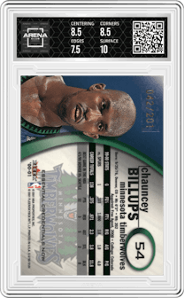 Chauncey Billups from the 2000-01 E-X set featuring a Essential Credentials parallel graded by Arena Club and given an overall grade of 8.