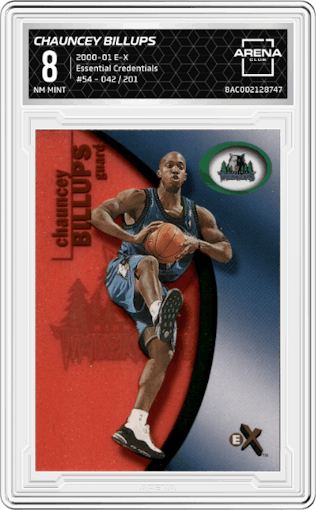Chauncey Billups from the 2000-01 E-X set featuring a Essential Credentials parallel graded by Arena Club and given an overall grade of 8.