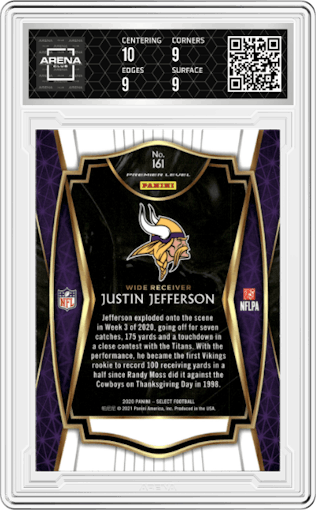 Justin Jefferson from the 2020 Panini Select set graded by Arena Club and given an overall grade of 9.5.