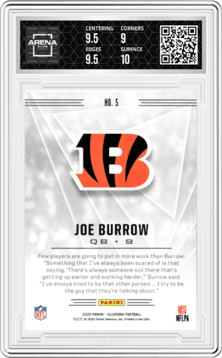 Joe Burrow from the 2020 Panini Illusions set graded by Arena Club and given an overall grade of 9.5.