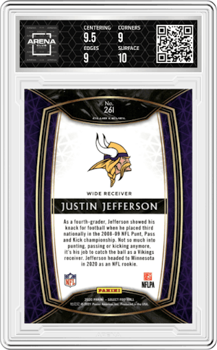 Justin Jefferson from the 2020 Panini Select set graded by Arena Club and given an overall grade of 9.5.