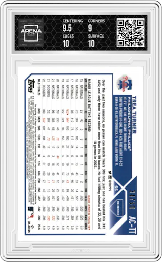 Trea Turner from the 2023 Topps Chrome Update set featuring a Gold Wave Refractor parallel graded by Arena Club and given an overall grade of 9.5.