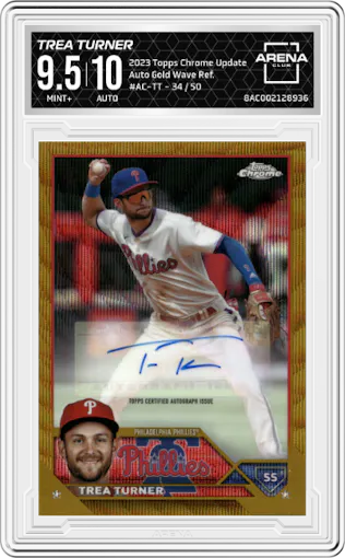 Trea Turner from the 2023 Topps Chrome Update set featuring a Gold Wave Refractor parallel graded by Arena Club and given an overall grade of 9.5.