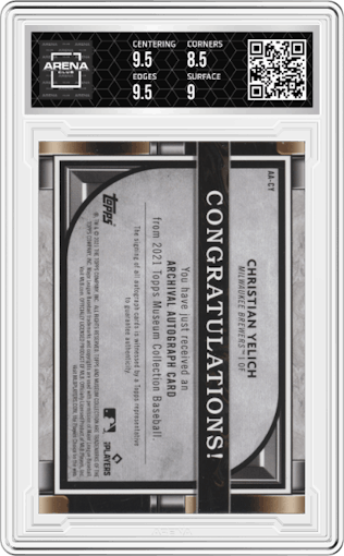 Christian Yelich from the 2021 Topps Museum Collection set graded by Arena Club and given an overall grade of 9.
