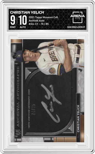Christian Yelich from the 2021 Topps Museum Collection set graded by Arena Club and given an overall grade of 9.