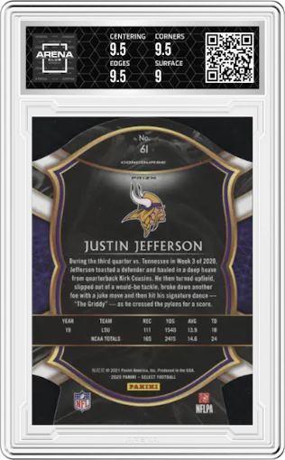 Justin Jefferson from the 2020 Panini Select set featuring a Die-Cut Blue  parallel graded by Arena Club and given an overall grade of 9.5.