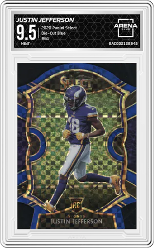 Justin Jefferson from the 2020 Panini Select set featuring a Die-Cut Blue  parallel graded by Arena Club and given an overall grade of 9.5.