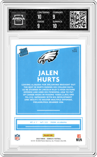 Jalen Hurts from the 2020 Panini Donruss set graded by Arena Club and given an overall grade of 9.5.