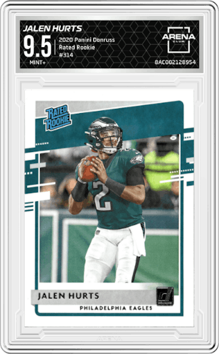 Jalen Hurts from the 2020 Panini Donruss set graded by Arena Club and given an overall grade of 9.5.
