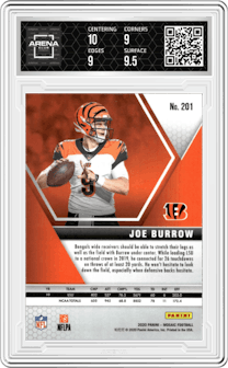 Joe Burrow from the 2020 Panini Mosaic set graded by Arena Club and given an overall grade of 9.5.