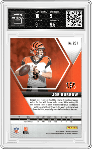 Joe Burrow from the 2020 Panini Mosaic set graded by Arena Club and given an overall grade of 9.5.