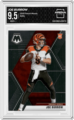 Joe Burrow from the 2020 Panini Mosaic set graded by Arena Club and given an overall grade of 9.5.