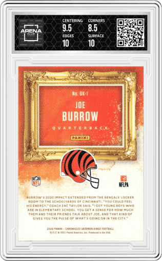 Joe Burrow from the 2020 Panini Chronicles set graded by Arena Club and given an overall grade of 9.