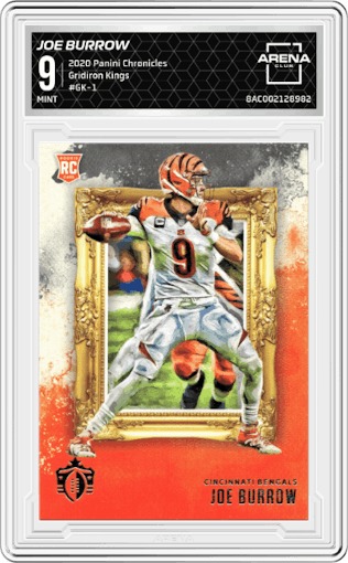 Joe Burrow from the 2020 Panini Chronicles set graded by Arena Club and given an overall grade of 9.