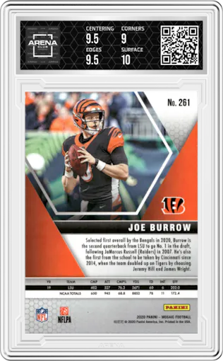Joe Burrow from the 2020 Panini Mosaic set graded by Arena Club and given an overall grade of 9.5.