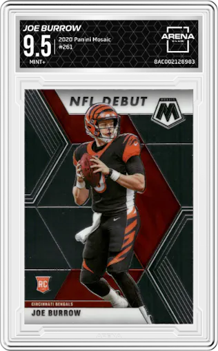 Joe Burrow from the 2020 Panini Mosaic set graded by Arena Club and given an overall grade of 9.5.