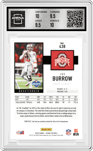 Joe Burrow from the 2020 Panini Score set graded by Arena Club and given an overall grade of 10.
