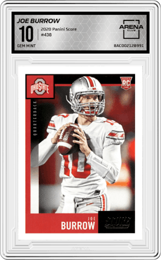 Joe Burrow from the 2020 Panini Score set graded by Arena Club and given an overall grade of 10.