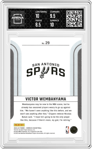Victor Wembanyama  from the 2023-24 Panini Donruss set graded by Arena Club and given an overall grade of 9.