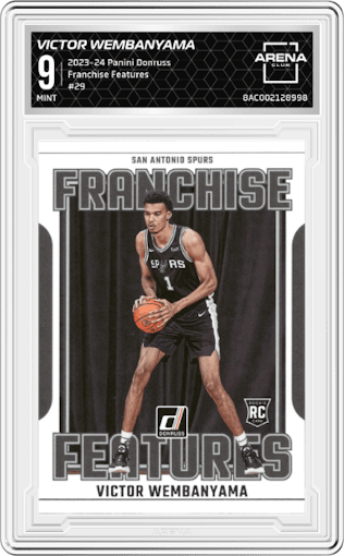 Victor Wembanyama  from the 2023-24 Panini Donruss set graded by Arena Club and given an overall grade of 9.