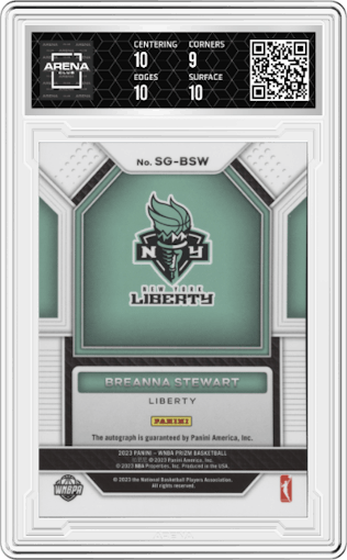 Breanna Stewart from the 2023 Panini Prizm WNBA set graded by Arena Club and given an overall grade of 9.5.