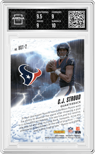 C.J. Stroud from the 2023 Panini Absolute set graded by Arena Club and given an overall grade of 9.5.