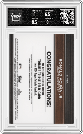 Ronald Acuna Jr. from the 2024 Topps Tribute set featuring a Gold parallel graded by Arena Club and given an overall grade of 7.