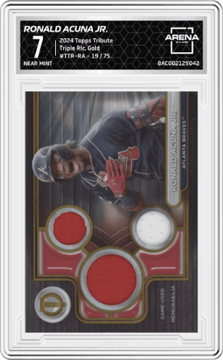 Ronald Acuna Jr. from the 2024 Topps Tribute set featuring a Gold parallel graded by Arena Club and given an overall grade of 7.