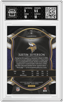 Justin Jefferson from the 2020 Panini Select set featuring a Die-Cut Maroon parallel graded by Arena Club and given an overall grade of 9.5.