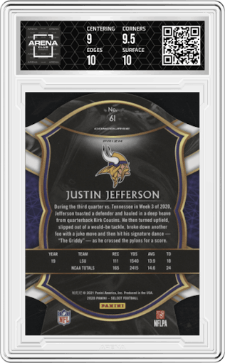 Justin Jefferson from the 2020 Panini Select set featuring a Die-Cut Maroon parallel graded by Arena Club and given an overall grade of 9.5.