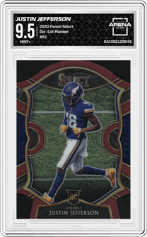 Justin Jefferson from the 2020 Panini Select set featuring a Die-Cut Maroon parallel graded by Arena Club and given an overall grade of 9.5.
