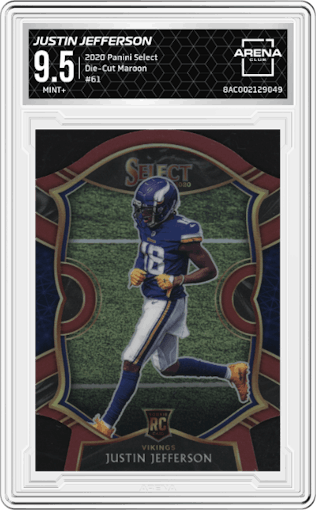 Justin Jefferson from the 2020 Panini Select set featuring a Die-Cut Maroon parallel graded by Arena Club and given an overall grade of 9.5.