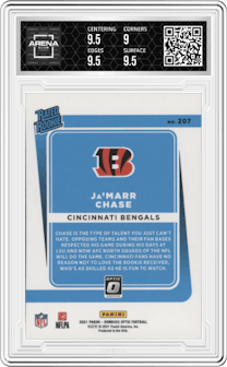 Ja'Marr Chase from the 2021 Panini Donruss Optic set graded by Arena Club and given an overall grade of 9.5.