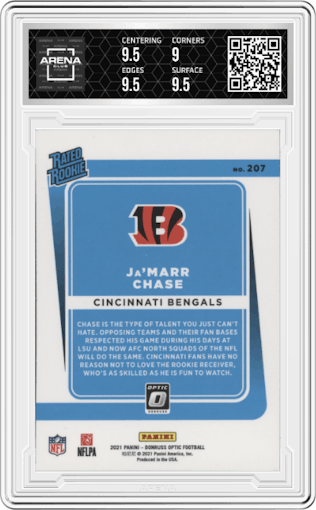 Ja'Marr Chase from the 2021 Panini Donruss Optic set graded by Arena Club and given an overall grade of 9.5.