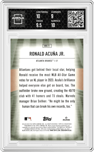 Ronald Acuña Jr. from the 2024 Topps  set graded by Arena Club and given an overall grade of 9.5.