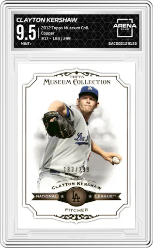 Clayton Kershaw from the 2012 Topps Museum Collection set featuring a Copper parallel graded by Arena Club and given an overall grade of 9.5.