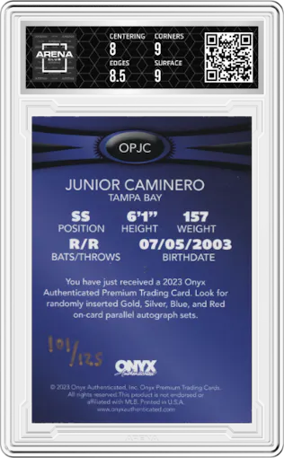 Junior Caminero from the 2023 Onyx Premium set featuring a Blue parallel graded by Arena Club and given an overall grade of 8.5.