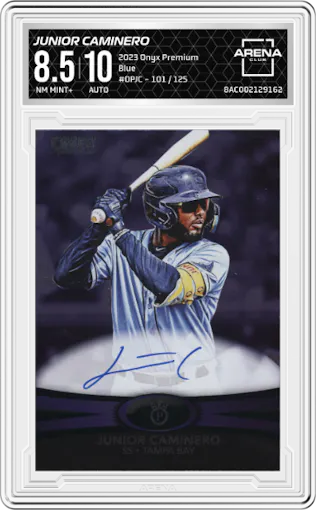 Junior Caminero from the 2023 Onyx Premium set featuring a Blue parallel graded by Arena Club and given an overall grade of 8.5.