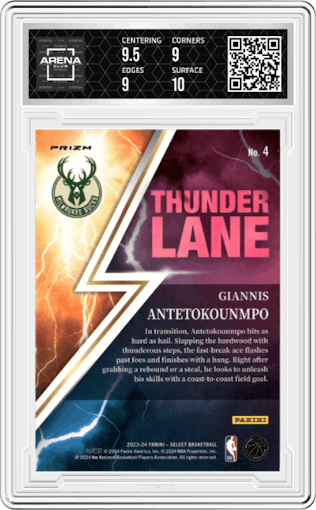 Giannis Antetokounmpo from the 2023-24 Panini Select  set featuring a Green Prizm parallel graded by Arena Club and given an overall grade of 9.5.