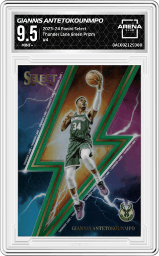 Giannis Antetokounmpo from the 2023-24 Panini Select  set featuring a Green Prizm parallel graded by Arena Club and given an overall grade of 9.5.