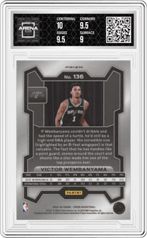 Victor Wembanyama from the 2023-24 Panini Prizm set featuring a Silver Prizm  parallel graded by Arena Club and given an overall grade of 9.5.