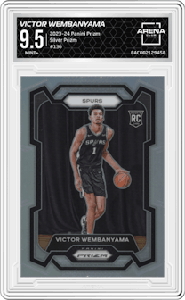 Victor Wembanyama from the 2023-24 Panini Prizm set featuring a Silver Prizm  parallel graded by Arena Club and given an overall grade of 9.5.
