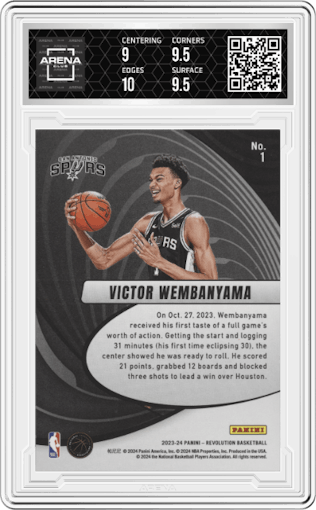 Victor Wembanyama from the 2023-24 Panini Revolution set graded by Arena Club and given an overall grade of 9.5.