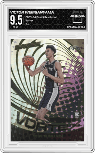 Victor Wembanyama from the 2023-24 Panini Revolution set graded by Arena Club and given an overall grade of 9.5.